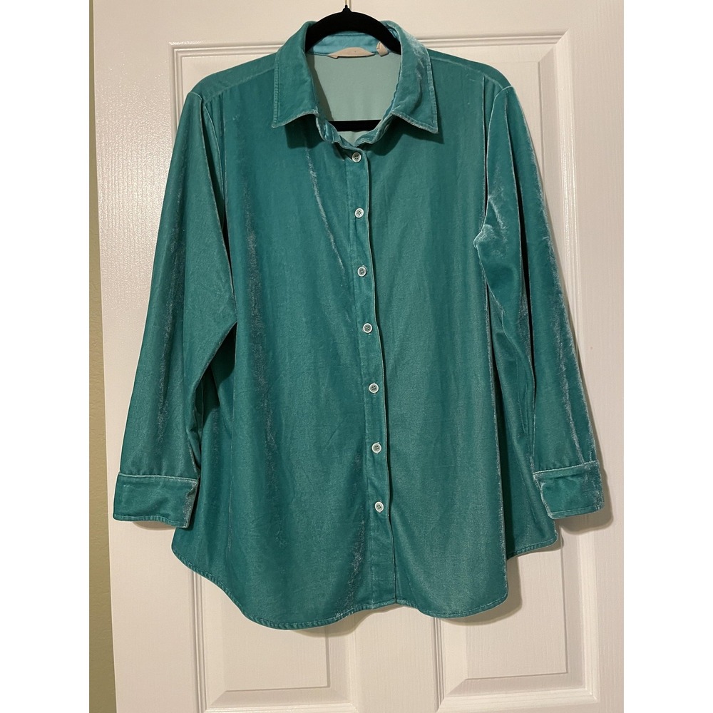 Soft Surroundings Blouse Womens PXL Petite Green Velour Button Up Tunic Top